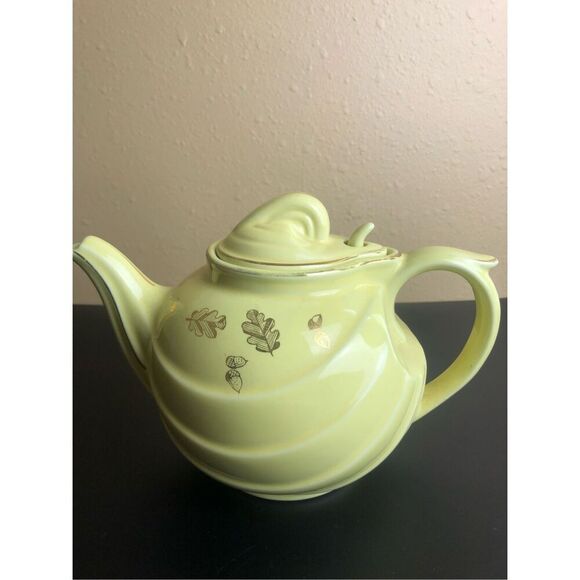 Retro Hall Teapot Canary Gold Label Parade Hook Yellow With Gold Oak Leaves 1950 - Picture 5 of 14